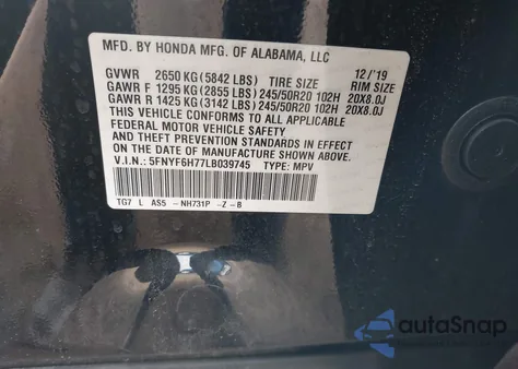 2020 Honda Pilot Awd Black Edition из США, поврежденный, VIN 5FNYF6H77LB039745